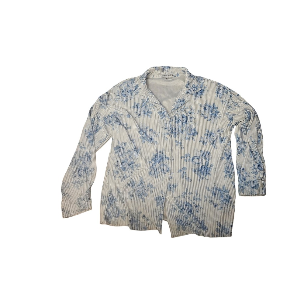 Waverles Womens Blue Floral Pinstripe Plisse Button Down Shirt Size M
